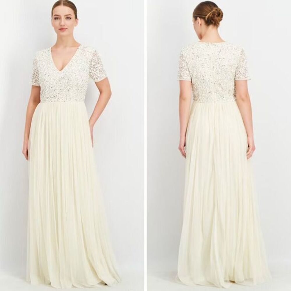 NEW Maya Deluxe Maya Bridal v neck maxi tulle dress with tonal delicate sequin 6